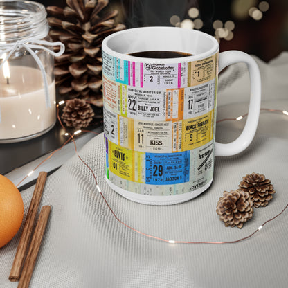 Vintage Concert Ticket Collage Mug — Retro Music Memorabilia Ceramic Coffee Cup