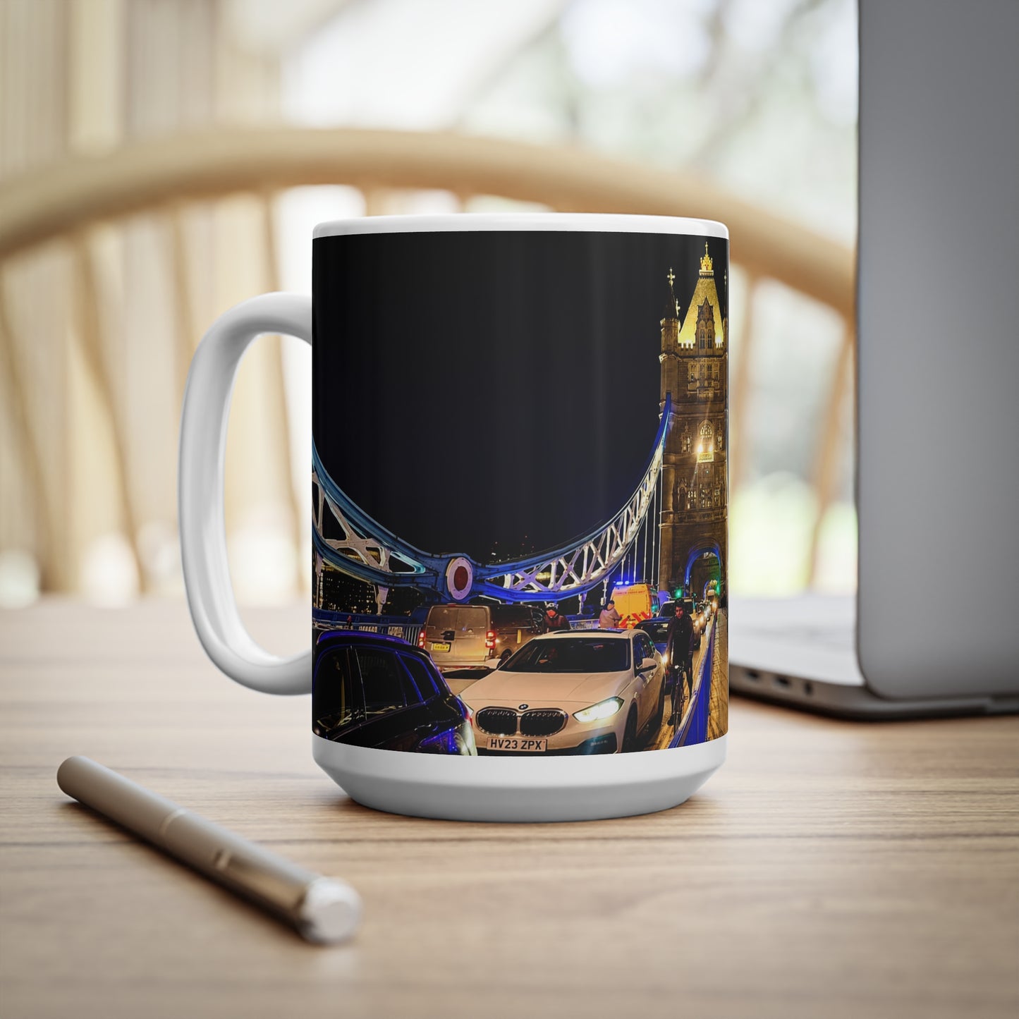 London Tower Bridge Night Photo Mug — Ceramic Coffee Cup, 11oz & 15oz