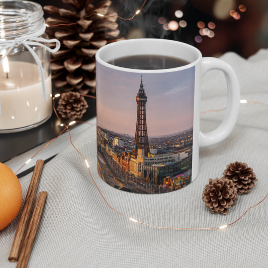 Blackpool Sunset Pier Ceramic Coffee Mug — Coastal Seaside Sunrise Photo, 11oz & 15oz