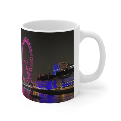 London Eye Nightscape Ceramic Mug — Pink London Eye & River Thames Coffee Cup (11oz & 15oz)