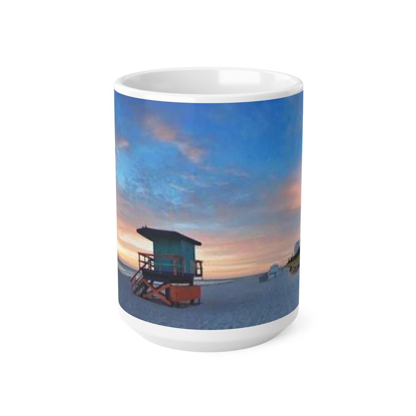 Sunset Beach Lifeguard Tower Ceramic Mug – Coastal Sunrise Coffee Cup (11oz/15oz)