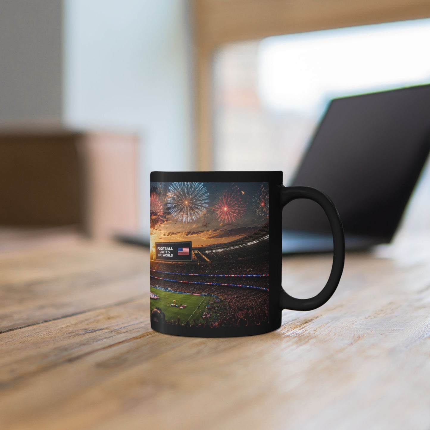 World Cup 2026 Patriotic Stadium Fireworks Black Mug — American Flag Football Game Coffee Cup (11oz/15oz)