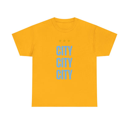 Manchester City City City Tee — Minimal Skyline Graphic T‑Shirt with Three Stars