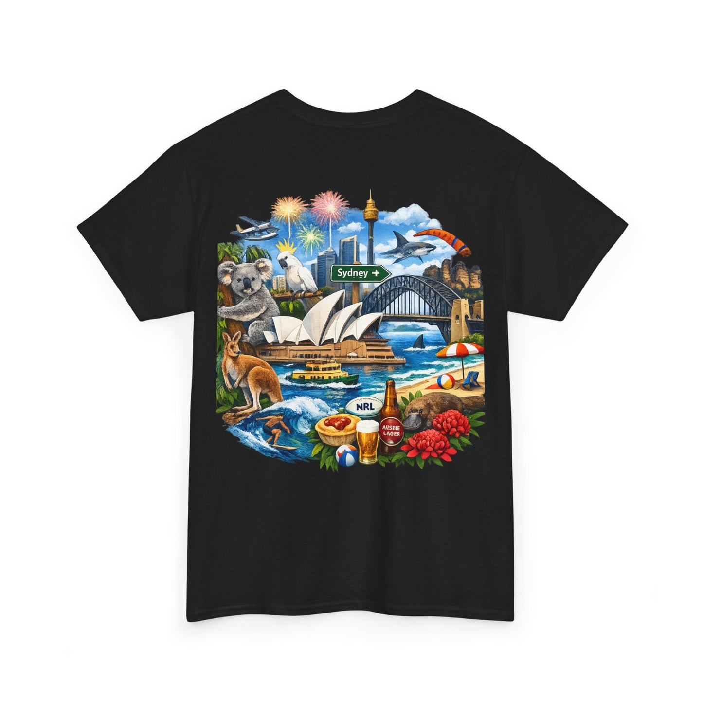 T-Shirt — Sydney Landmark Collage Tee (Opera House, Harbour Bridge, Koala & Beach Scene)