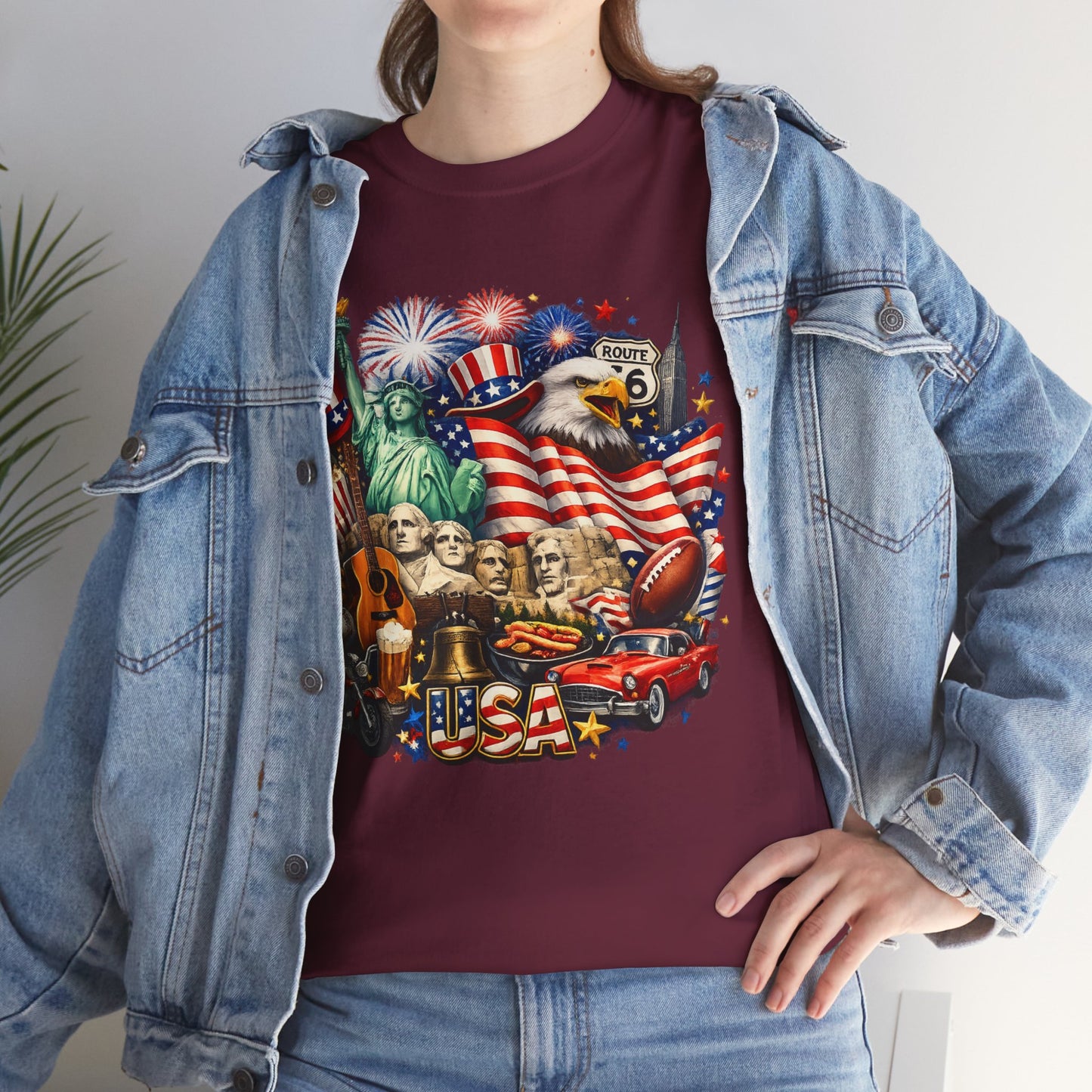 Patriotic USA Graphic Tee – American Flag, Statue of Liberty & Fireworks T-Shirt
