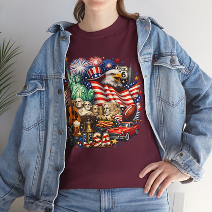 Patriotic USA Graphic Tee – American Flag, Statue of Liberty & Fireworks T-Shirt