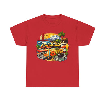 California Vintage Travel T-Shirt — Golden Gate, Palm Trees & Route 66 Tee