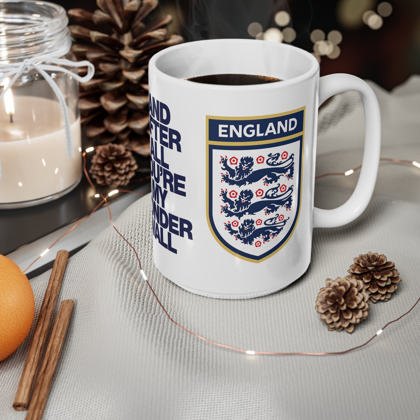England Football Crest Mug — “And After All You’re My Wonderwall” Ceramic Coffee Cup (11oz & 15oz)