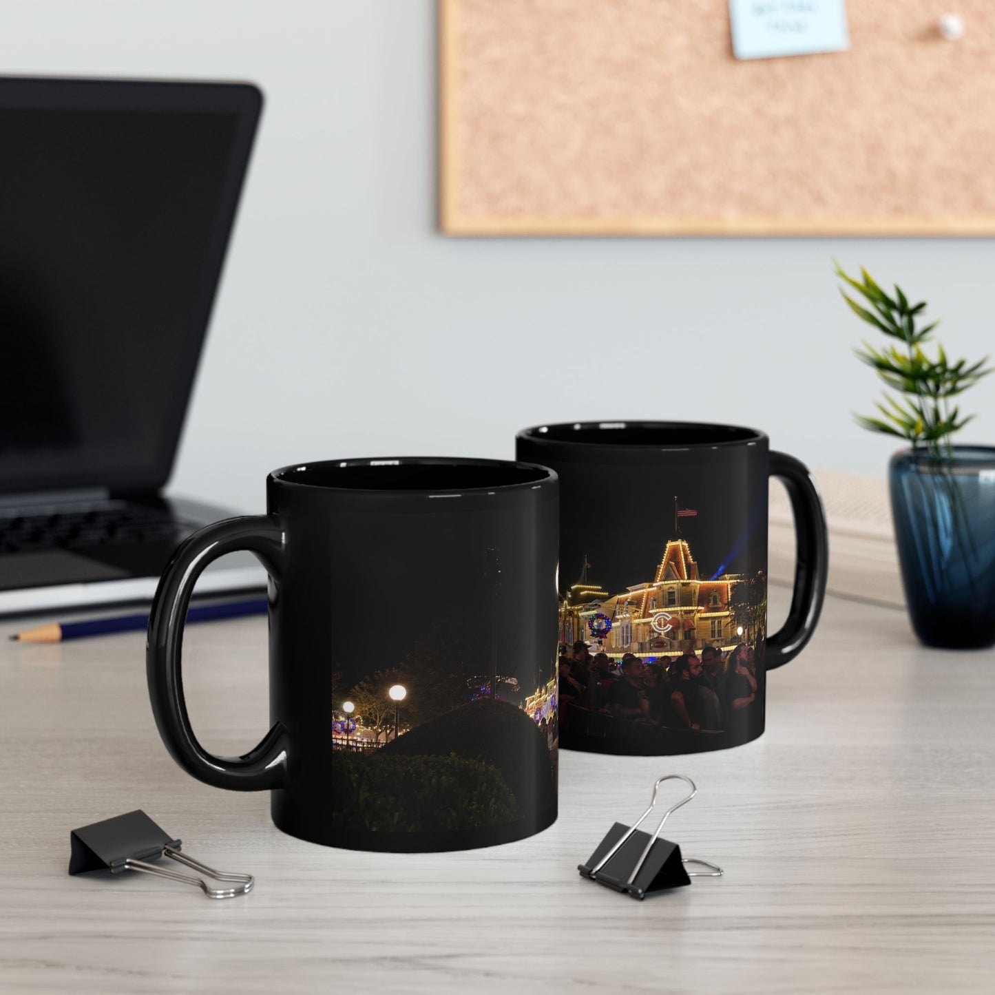 Magic Kingdom Nighttime Theme Park Lights Mug — Scenic Black Coffee Cup
