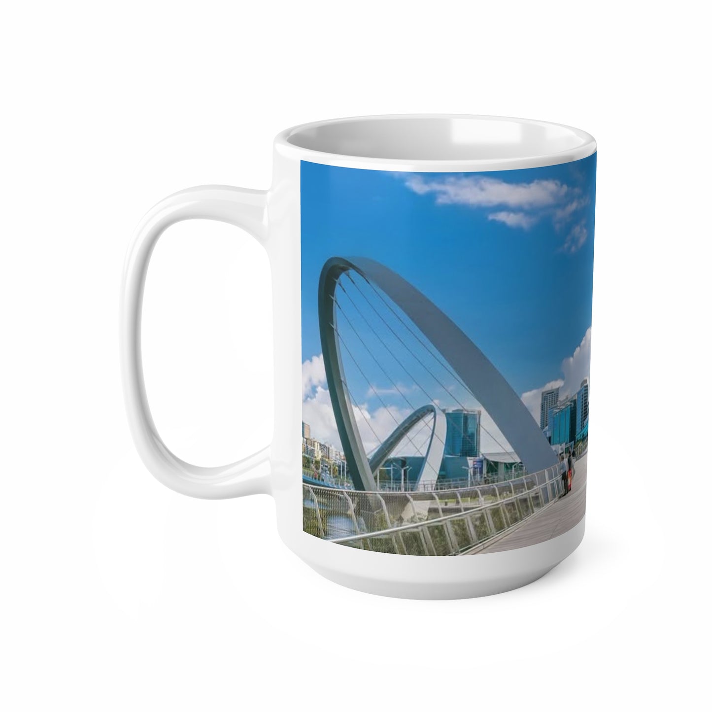 City Skyline Ceramic Mug — Modern Urban Bridge Coffee Cup (11oz & 15oz)