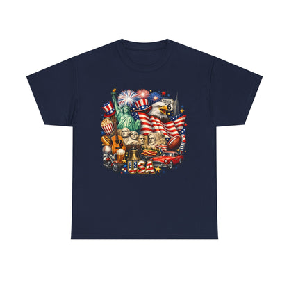 Patriotic USA Graphic Tee – American Flag, Statue of Liberty & Fireworks T-Shirt