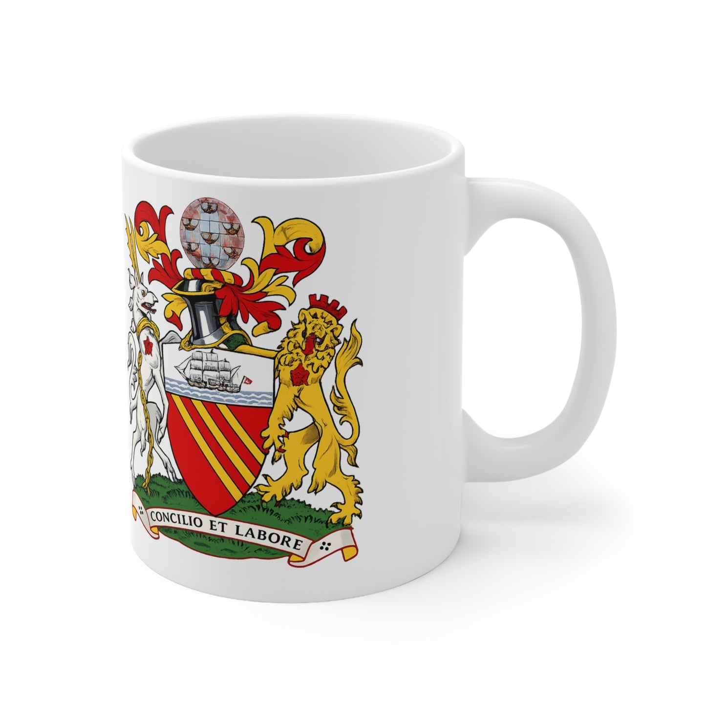 Manchester Coat of Arms Ceramic Coffee Mug — 11oz & 15oz Crest Mug ("Concilio et Labore")