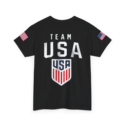 Team USA Flag T‑Shirt — Patriotic Navy Tee with Back Shield Logo