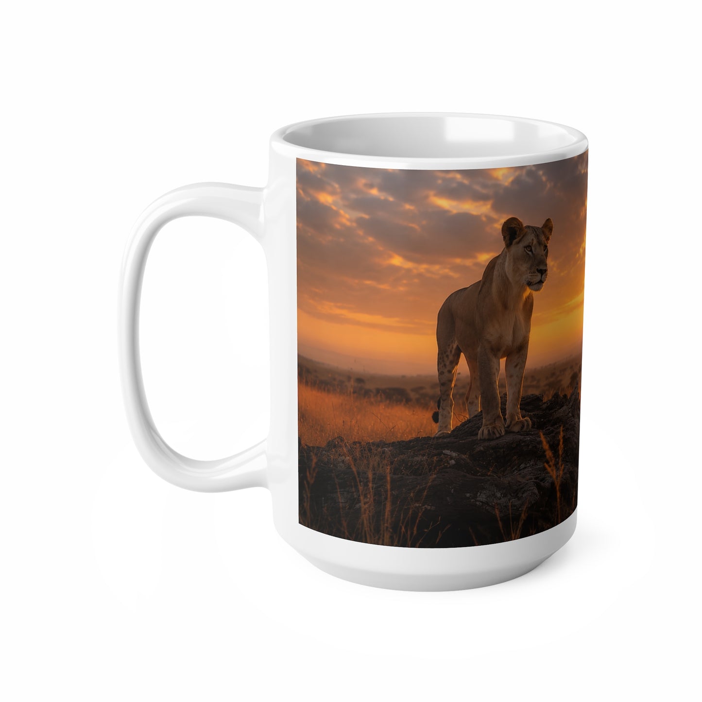 Safari Sunset Lioness Ceramic Mug — Wildlife Photography Coffee Cup (11oz, 15oz)