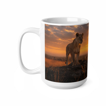 Safari Sunset Lioness Ceramic Mug — Wildlife Photography Coffee Cup (11oz, 15oz)