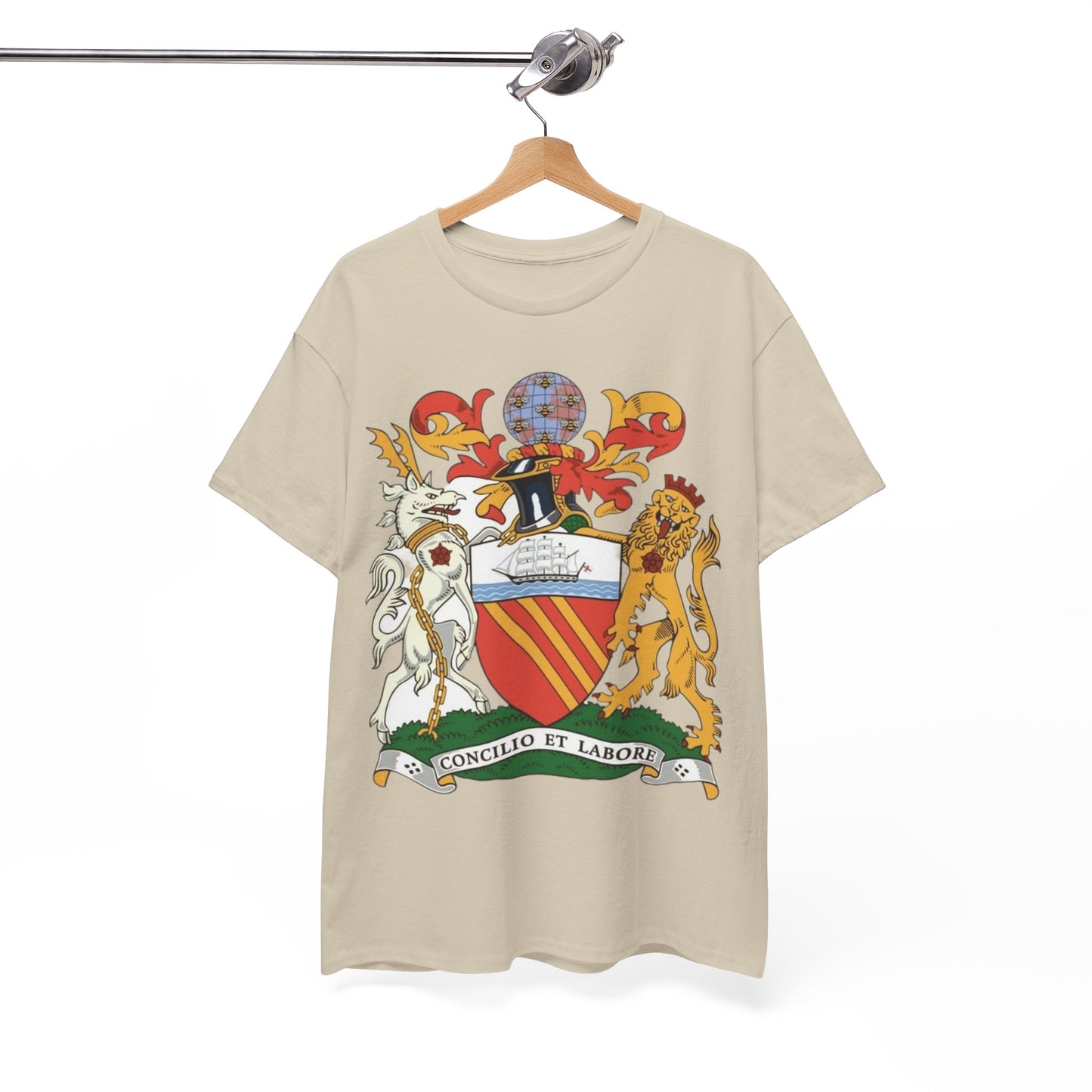 Manchester Coat of Arms Crest T‑Shirt — Heraldic Family Shield Tee with 'Concilio et Labore' Banner