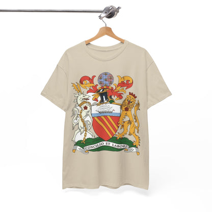 Manchester Coat of Arms Crest T‑Shirt — Heraldic Family Shield Tee with 'Concilio et Labore' Banner