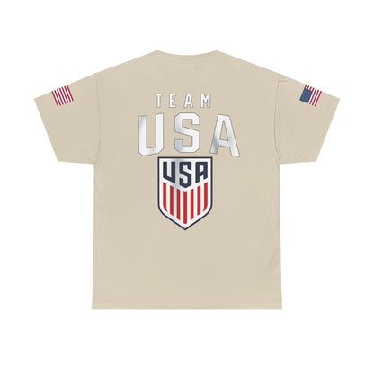 Team USA Flag T‑Shirt — Patriotic Navy Tee with Back Shield Logo