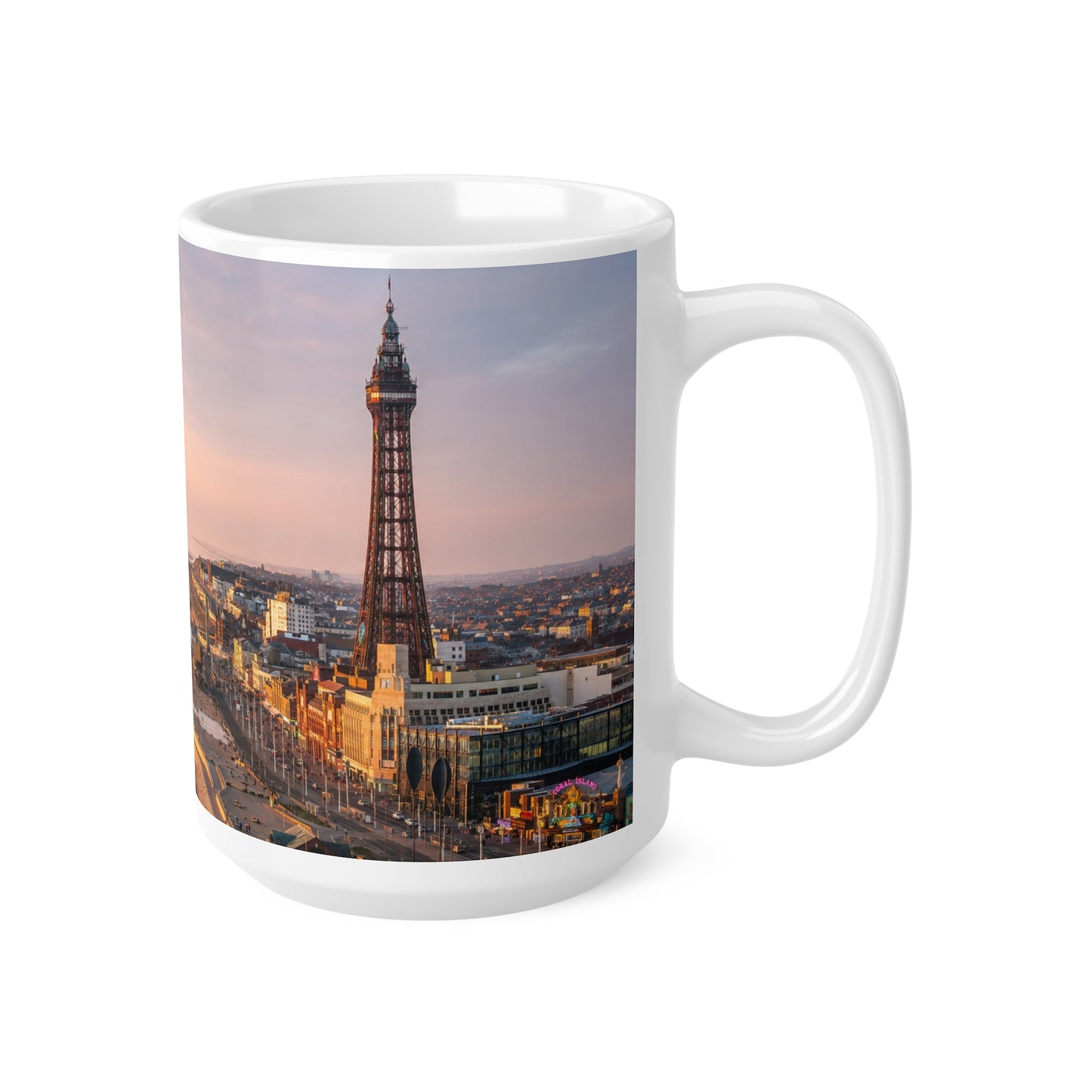 Blackpool Sunset Pier Ceramic Coffee Mug — Coastal Seaside Sunrise Photo, 11oz & 15oz