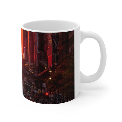 New York City Sunset Traffic Ceramic Coffee Mug — Urban Evening Skyline, 11oz & 15oz
