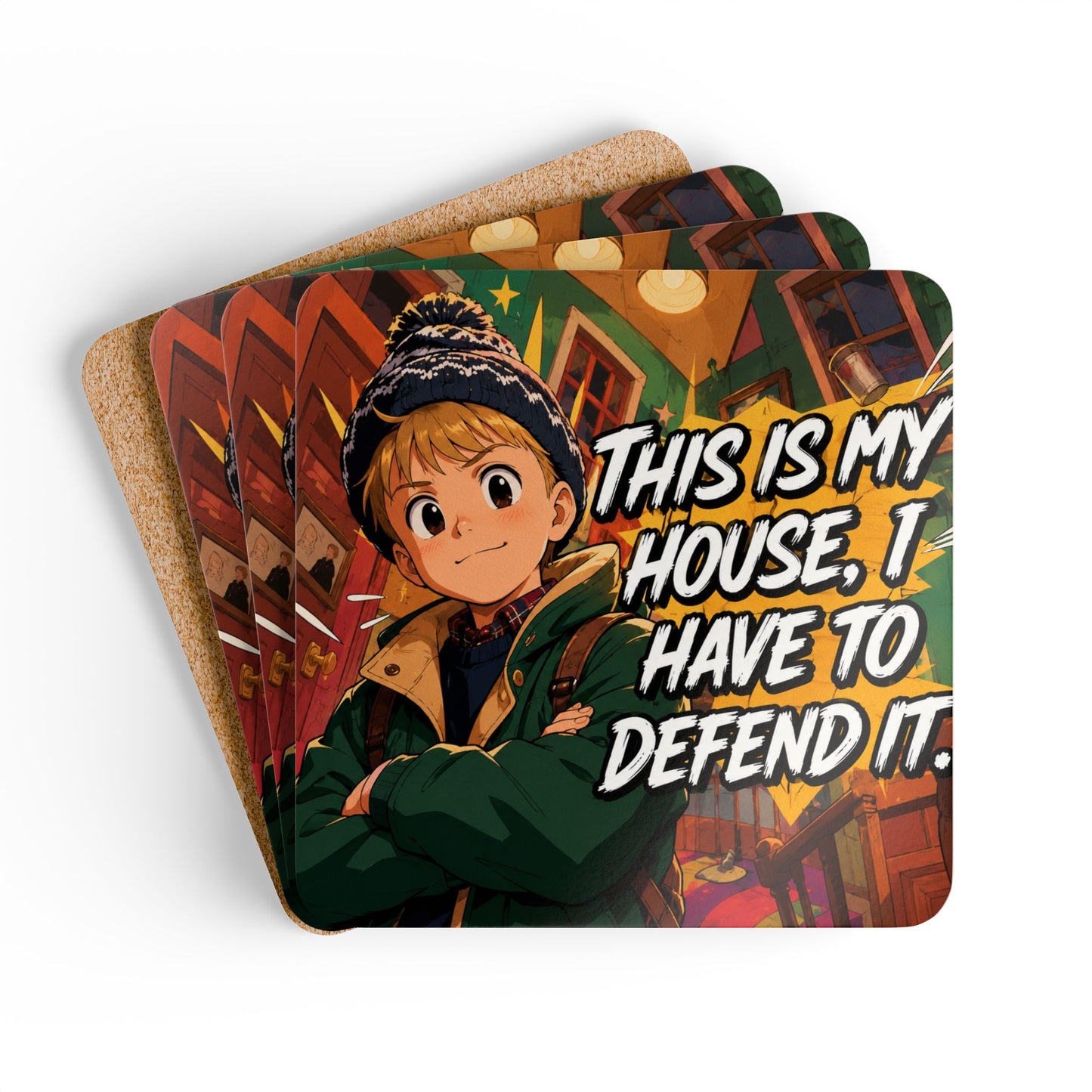 Home Alone Inspired Anime Quote Cork Coaster Set — “This Is My House, I Have To Defend It”