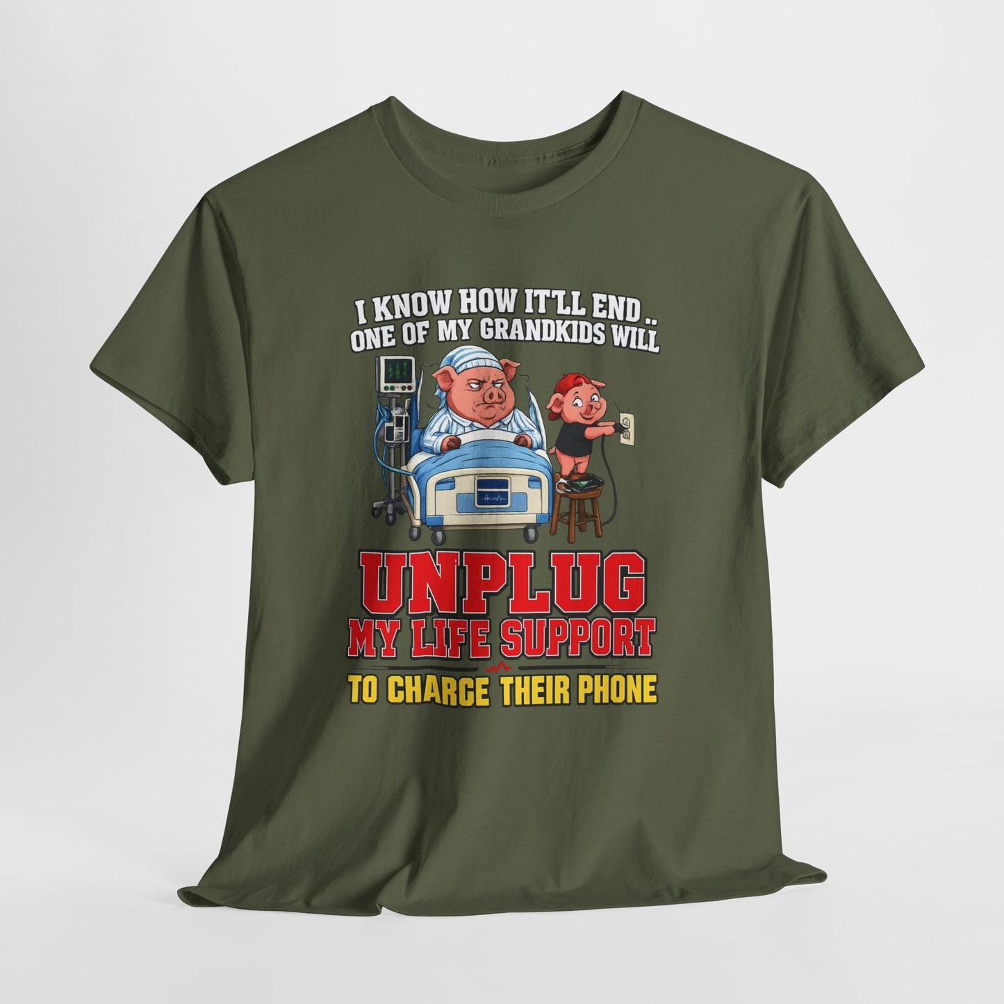 Funny Grandpa T-Shirt - "Unplug My Life Support to Charge Their Phone" Grandpa Humor Tee