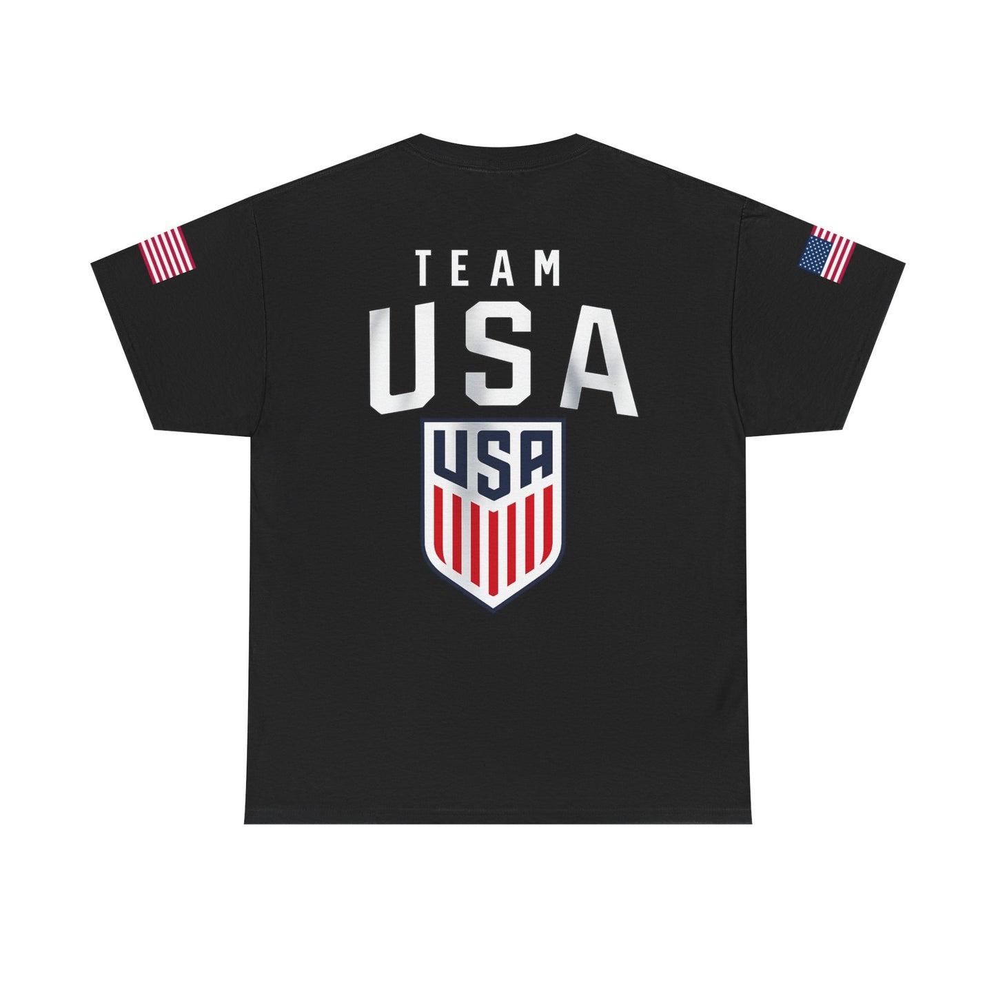 Team USA Flag T‑Shirt — Patriotic Navy Tee with Back Shield Logo