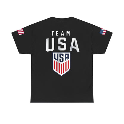 Team USA Flag T‑Shirt — Patriotic Navy Tee with Back Shield Logo