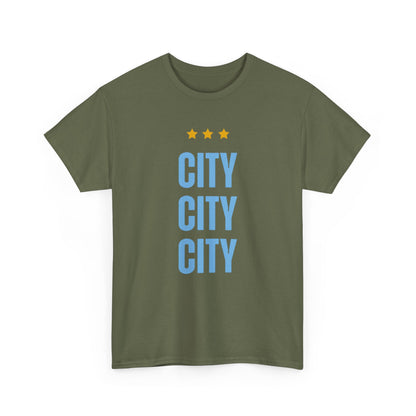 Manchester City City City Tee — Minimal Skyline Graphic T‑Shirt with Three Stars