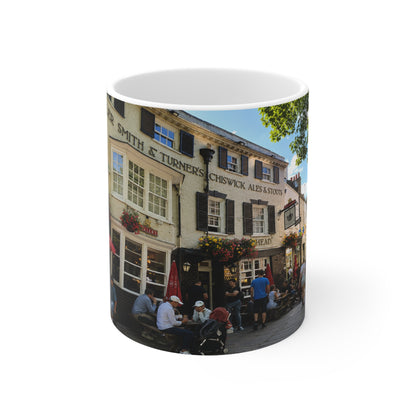 Richmond Ted Lasso Vintage English Pub Street Scene Mug – Café Outdoor Seating Photo Ceramic Coffee Cup (11oz & 15oz)