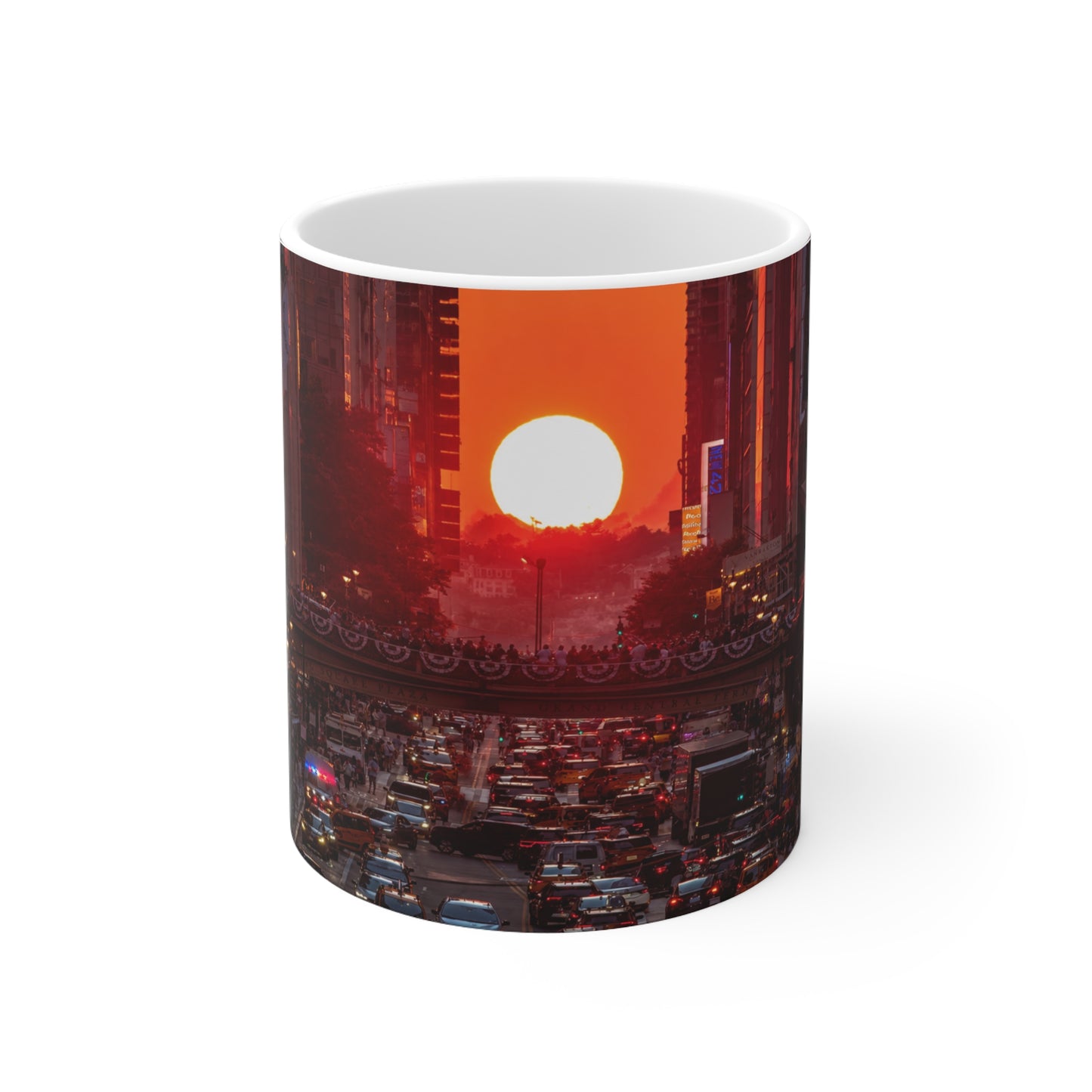 New York City Sunset Traffic Ceramic Coffee Mug — Urban Evening Skyline, 11oz & 15oz