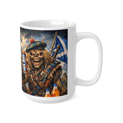 Scottish Heavy Metal Skull Mug — 'Iron-Bruh' Kilted Skeleton Coffee Cup (11oz & 15oz)