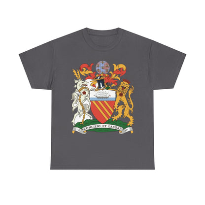 Manchester Coat of Arms Crest T‑Shirt — Heraldic Family Shield Tee with 'Concilio et Labore' Banner