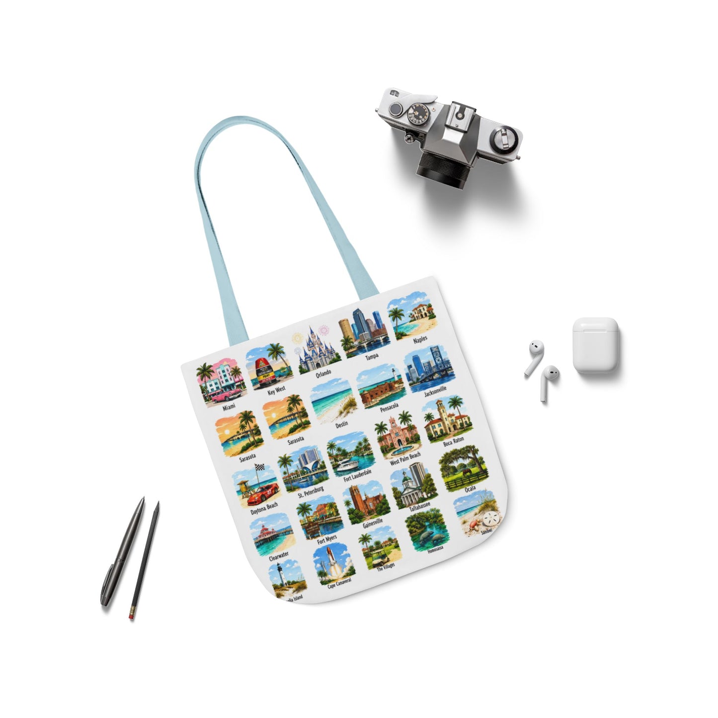 Florida City Landmark Collage Canvas Tote Bag — Vintage Travel Icons Print