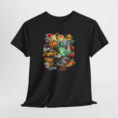 New York City Icons T-Shirt — Statue of Liberty, Taxi & I  NY Collage Tee