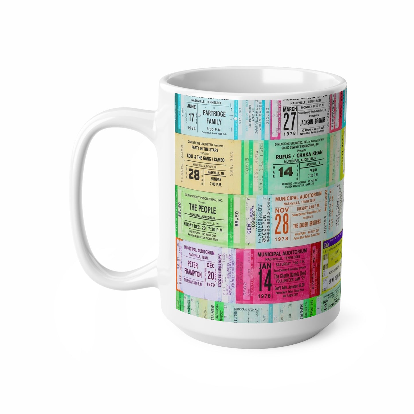 Vintage Concert Ticket Collage Mug — Retro Music Memorabilia Ceramic Coffee Cup