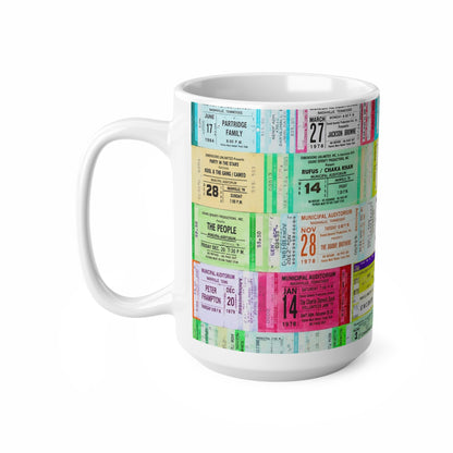 Vintage Concert Ticket Collage Mug — Retro Music Memorabilia Ceramic Coffee Cup