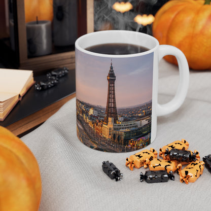 Blackpool Sunset Pier Ceramic Coffee Mug — Coastal Seaside Sunrise Photo, 11oz & 15oz