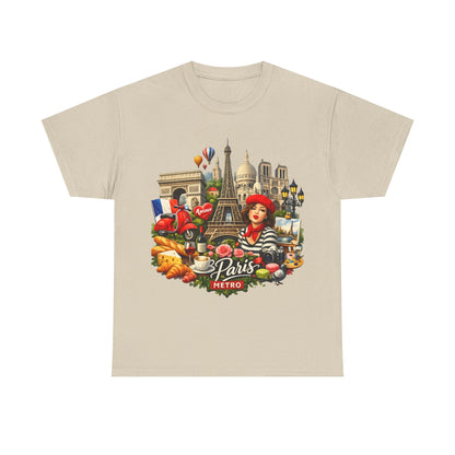 Paris Montage Tee — Eiffel Tower, Croissant & Metro Vintage Travel T‑Shirt