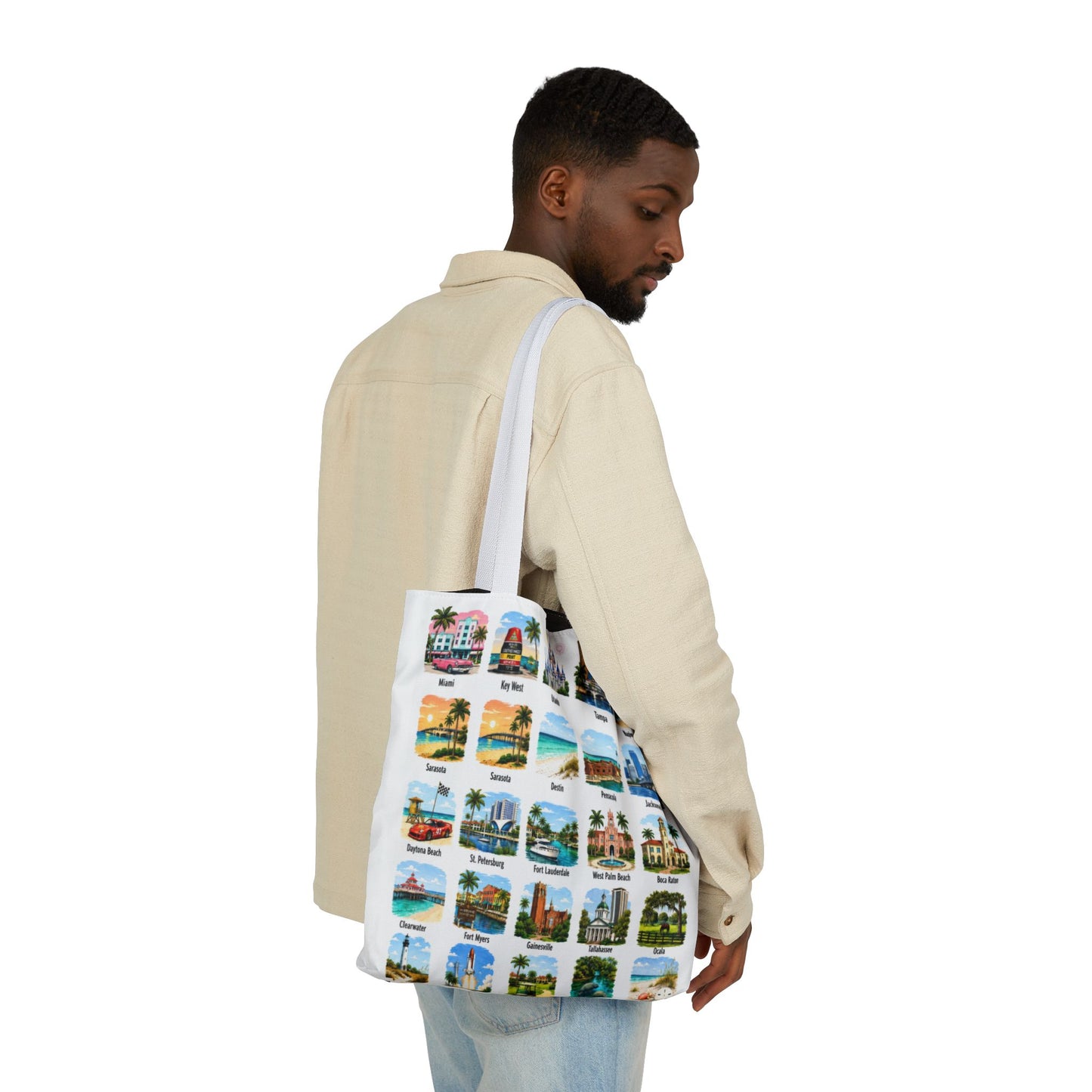 Florida City Landmark Collage Canvas Tote Bag — Vintage Travel Icons Print