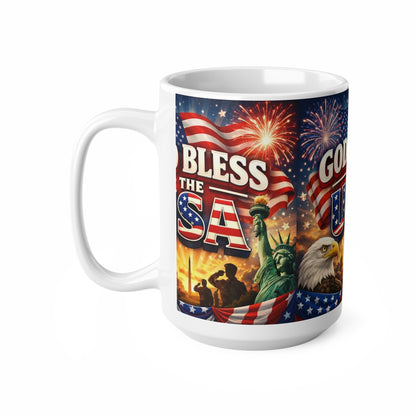 God Bless The USA Ceramic Coffee Mug — Patriotic 11oz/15oz Coffee Cup with Flag, Eagle & Fireworks