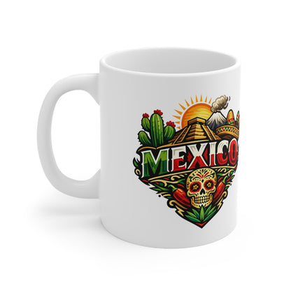 Mexico Travel Coffee Mug — Colorful Sugar Skull & Sunset Ceramic Mug (11oz/15oz)