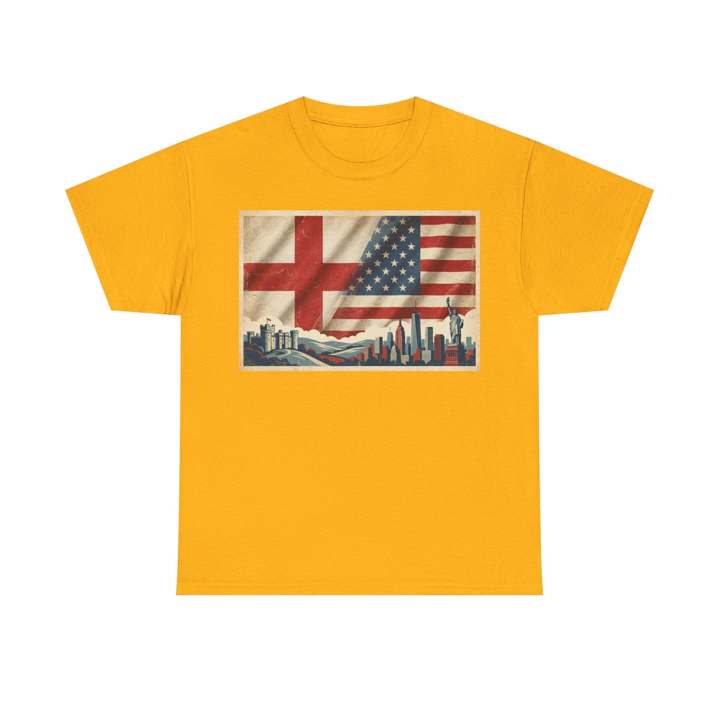England + USA Flag Skyline T-Shirt — Vintage London & New York City Pride Tee