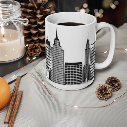 New York City Skyline Ceramic Mug — Black & White New York Statue of Liberty Coffee Cup (11oz, 15oz)