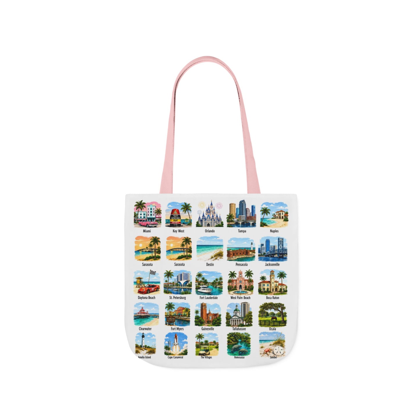 Florida City Landmark Collage Canvas Tote Bag — Vintage Travel Icons Print