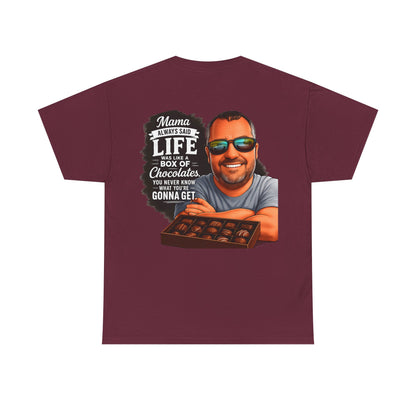 T-Shirt — "Mama Always Said Life Is Like A Box Of Chocolates" Graphic Tee (Funny Retro Portrait)