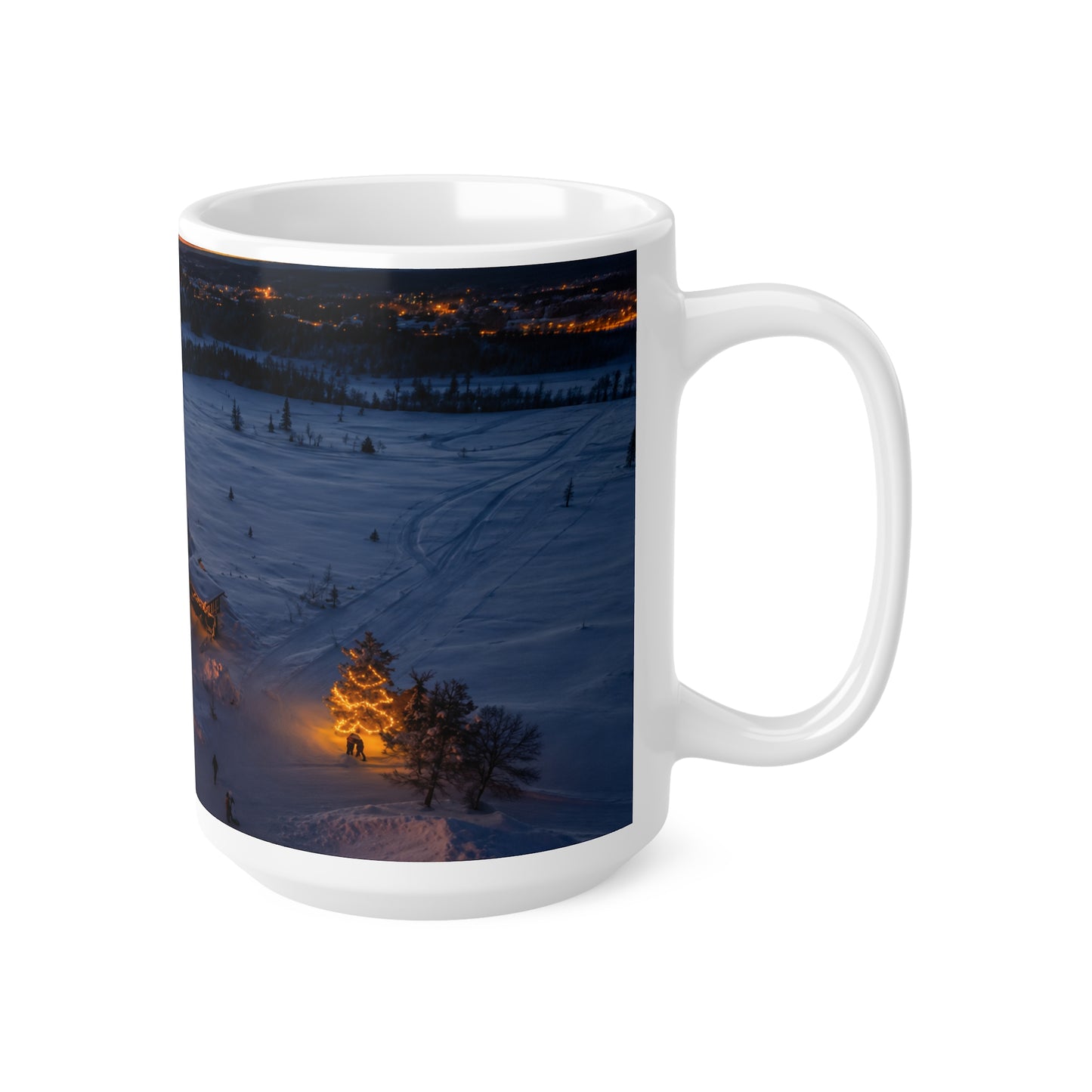 Winter Cabin Night Ceramic Mug – Cozy Snowy Village 11oz & 15oz