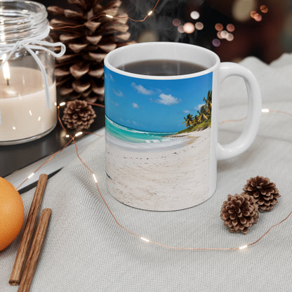 Barbados Beach Bus Stop Photo Mug — Tropical Ocean Scene Ceramic Coffee Cup (11oz & 15oz)