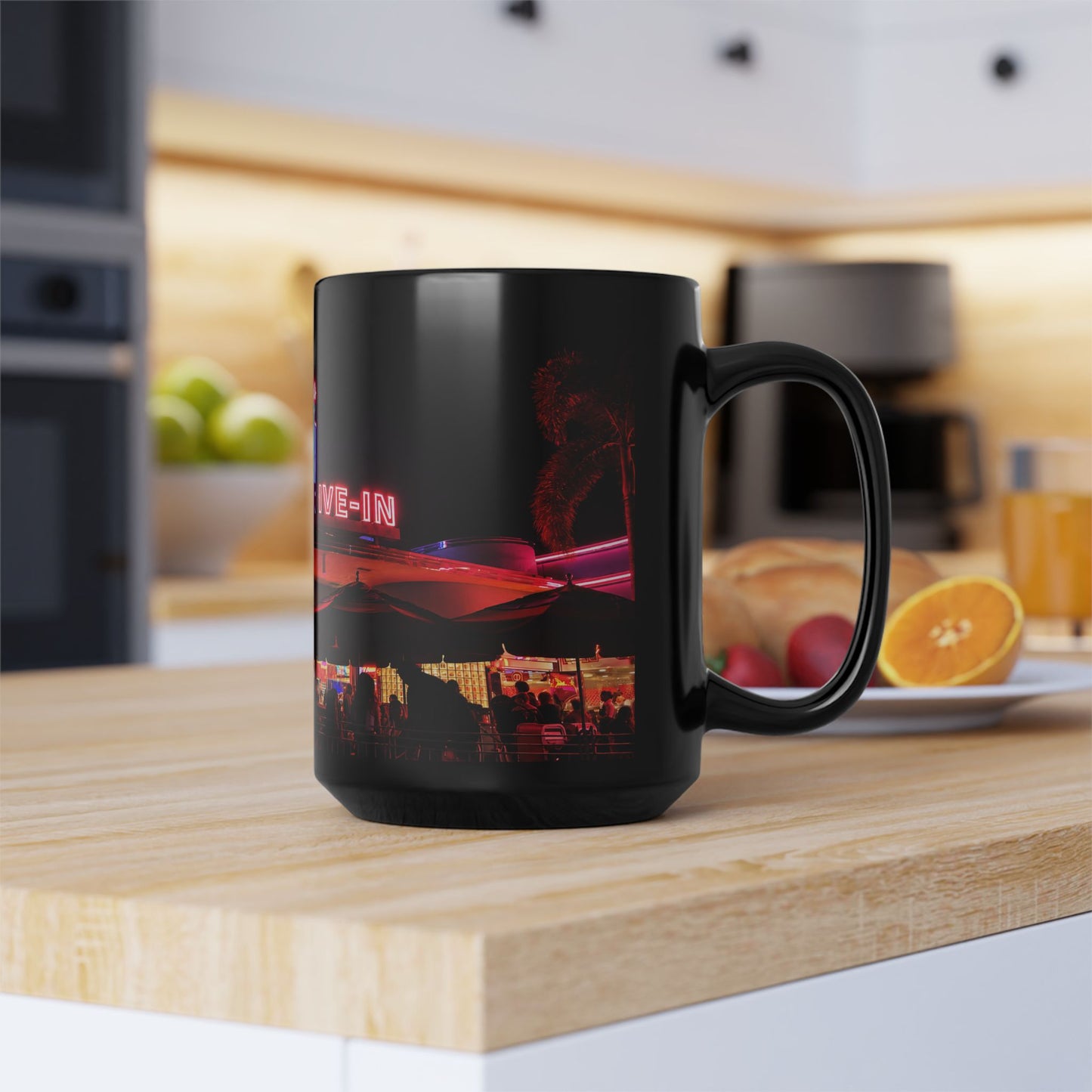 Mel's Drive-In Neon Night Coffee Mug — Retro Diner Black Ceramic Mug (11oz, 15oz)