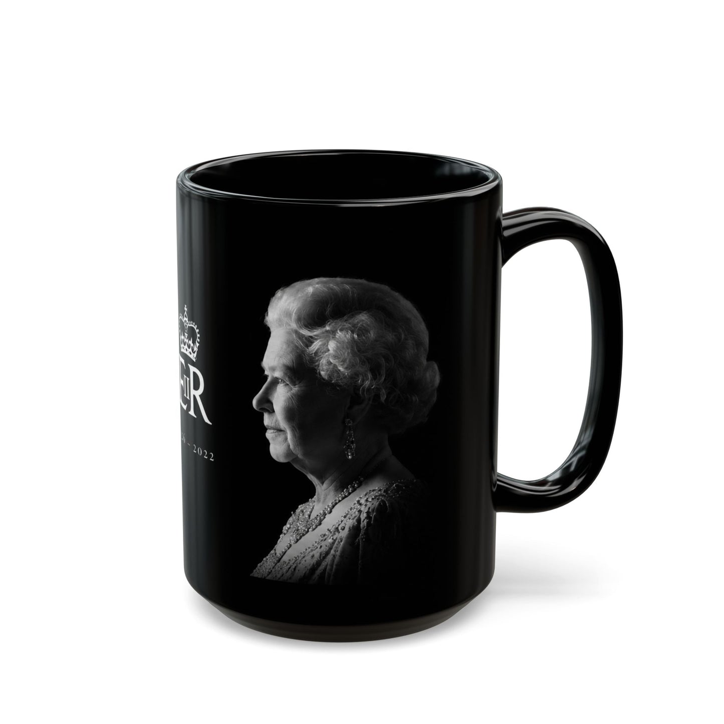 Queen Elizabeth II Memorial Black Mug – E II R Tribute Design (1926–2022)